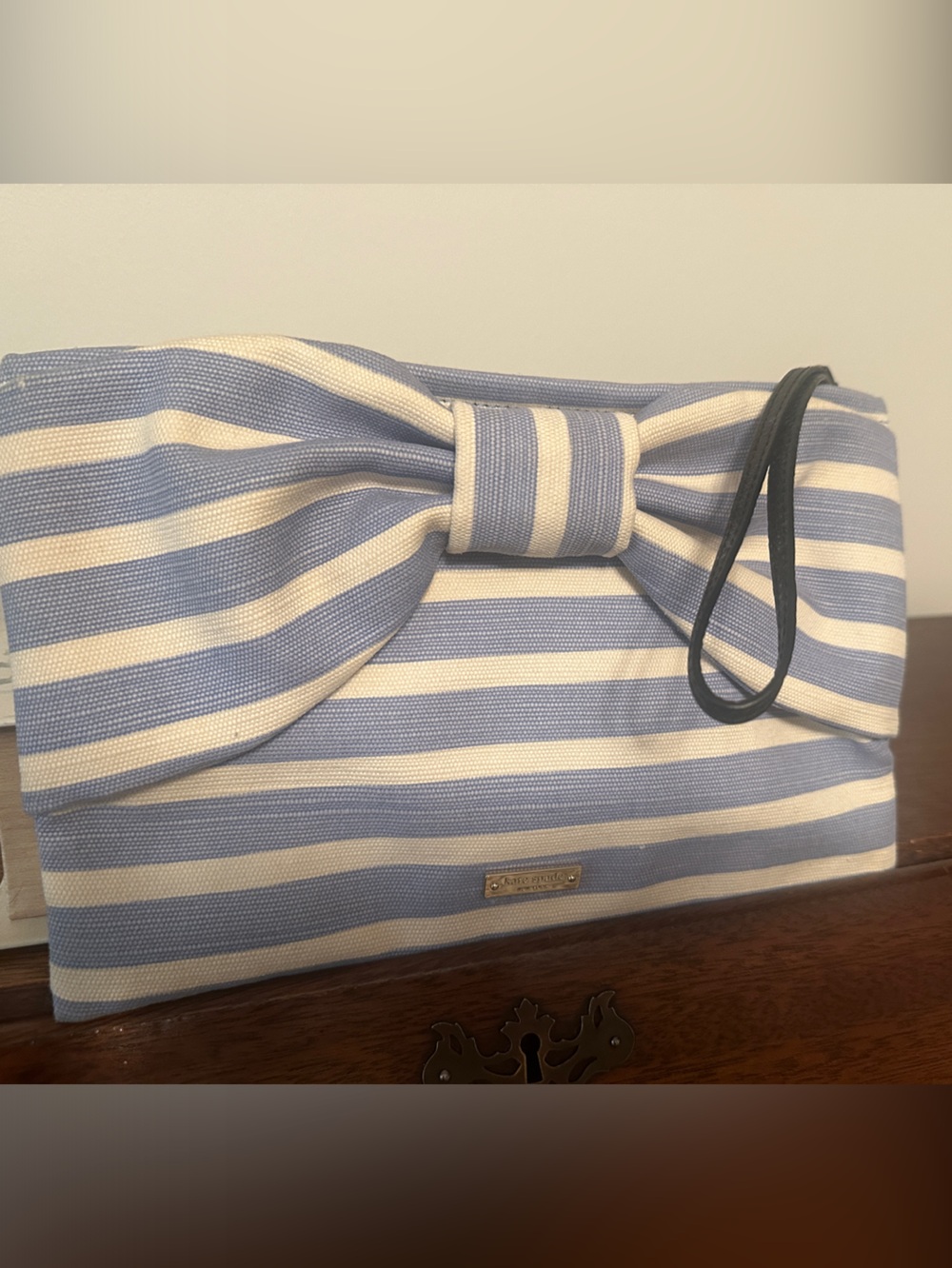 kate spade Blue and Cream Striped Bow Clutch - Picture 3 of 4